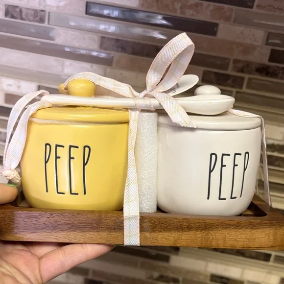 Rae Dunn Peep Ceramic Salt and Pepper Jars With Spoons NWT - Picture 1 of 8